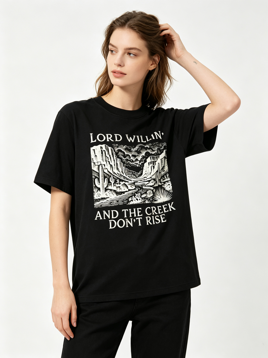 Women's Casual Short-Sleeve T-Shirt – 100% Cotton, Loose Fit, Drop-Shoulder, Vintage Country Style with American Western Landscape Print