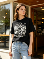 Women's Casual Short-Sleeve T-Shirt – 100% Cotton, Loose Fit, Drop-Shoulder, Vintage Country Style with American Western Landscape Print