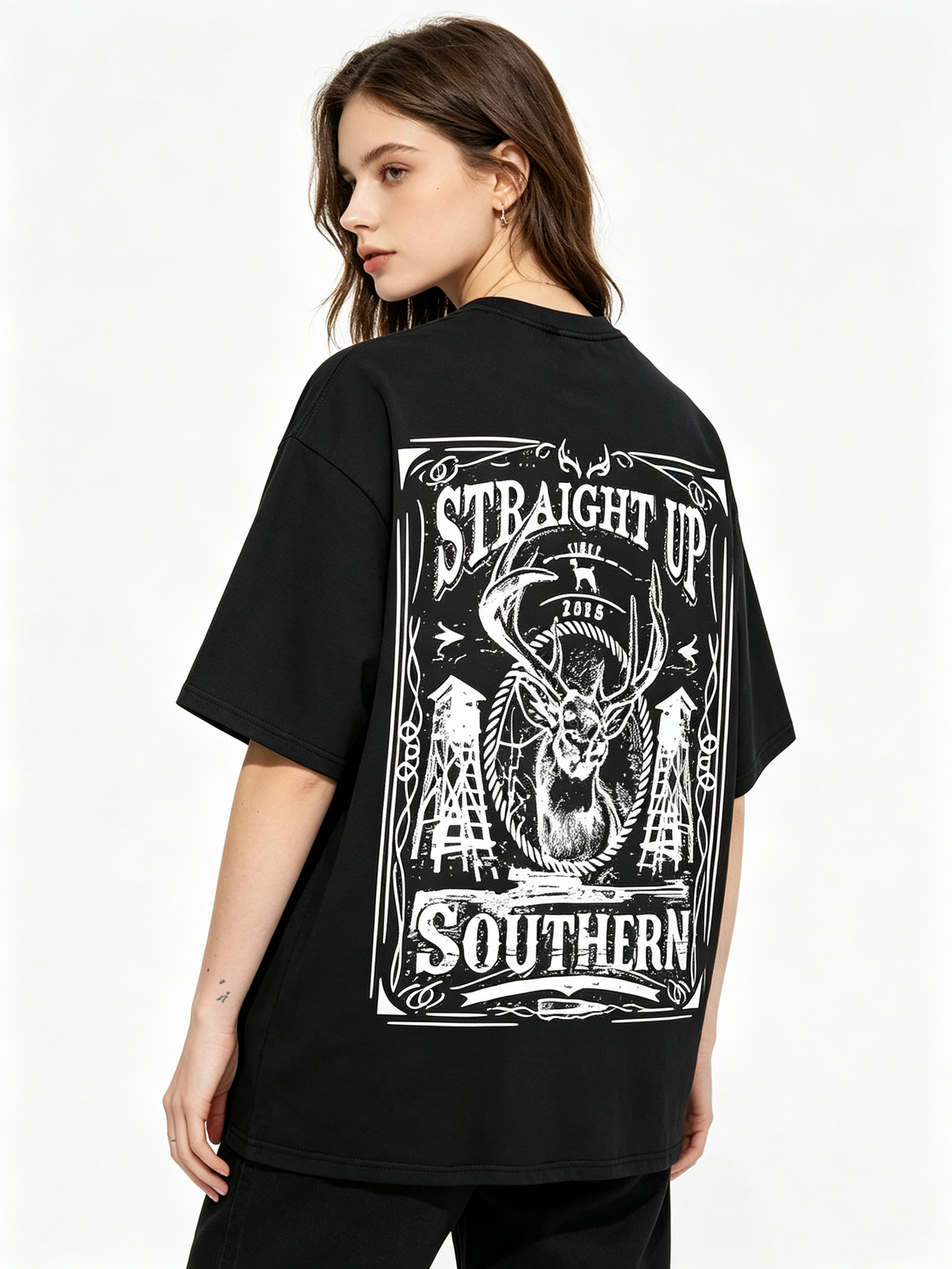 American Country Hunting-Themed Double-Sided Print T-Shirt – Heavyweight Pure Cotton Crew Neck – Vintage Outdoor Casual Short-Sleeve Tee (Unisex)