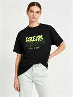 Women's Loose Casual Short-Sleeve Cotton T-Shirt with Retro Bubble-Letter Motivational Print (Fluorescent Green)
