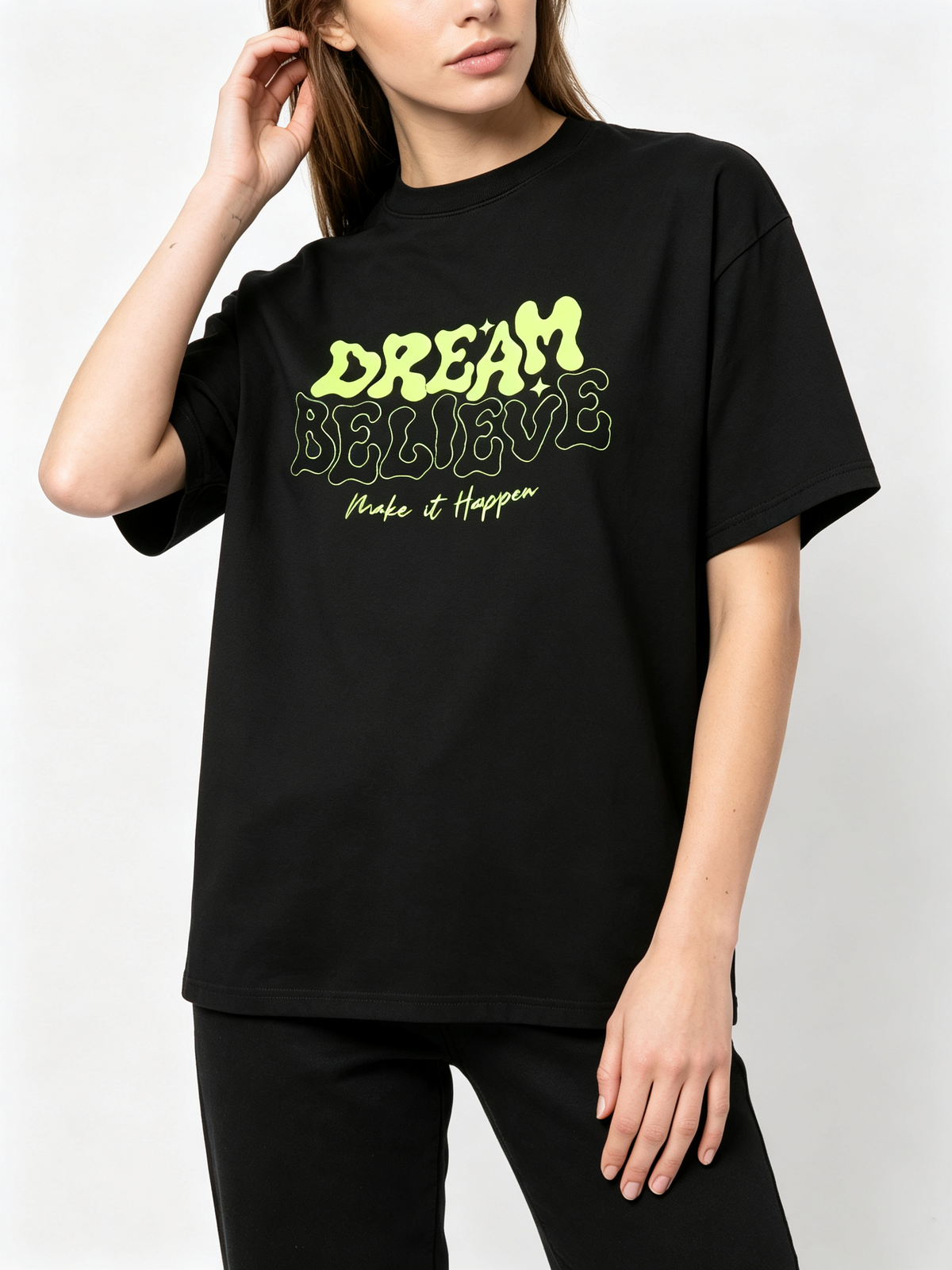 Women's Loose Casual Short-Sleeve Cotton T-Shirt with Retro Bubble-Letter Motivational Print (Fluorescent Green)