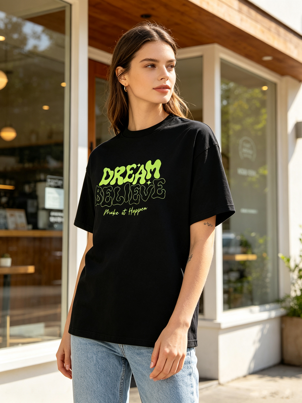Women's Loose Casual Short-Sleeve Cotton T-Shirt with Retro Bubble-Letter Motivational Print (Fluorescent Green)