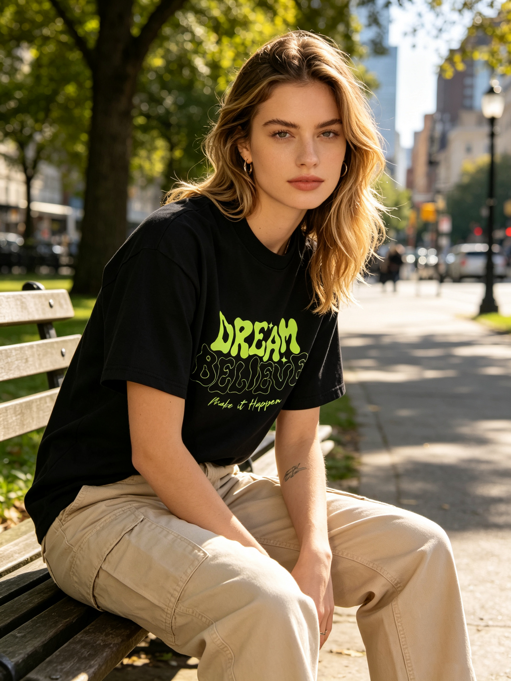 Women's Loose Casual Short-Sleeve Cotton T-Shirt with Retro Bubble-Letter Motivational Print (Fluorescent Green)