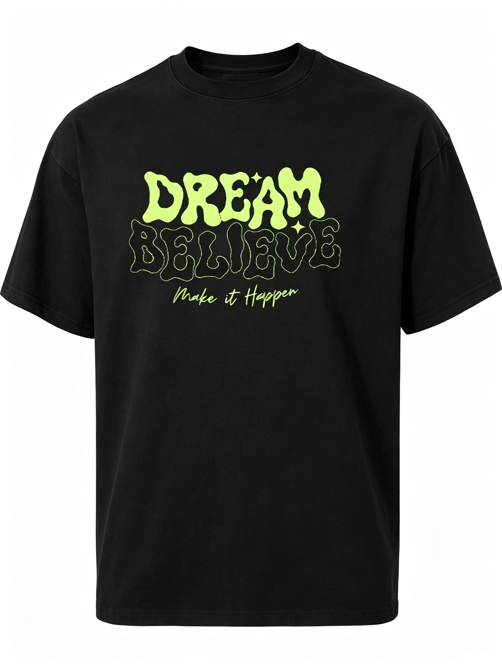 Women's Loose Casual Short-Sleeve Cotton T-Shirt with Retro Bubble-Letter Motivational Print (Fluorescent Green)