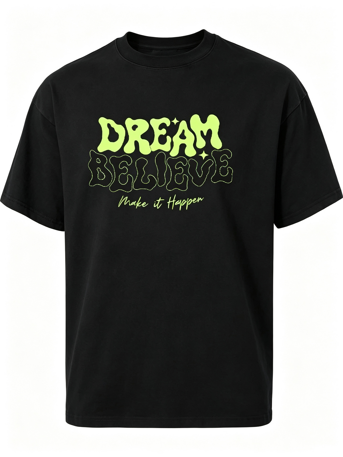 Women's Loose Casual Short-Sleeve Cotton T-Shirt with Retro Bubble-Letter Motivational Print (Fluorescent Green)