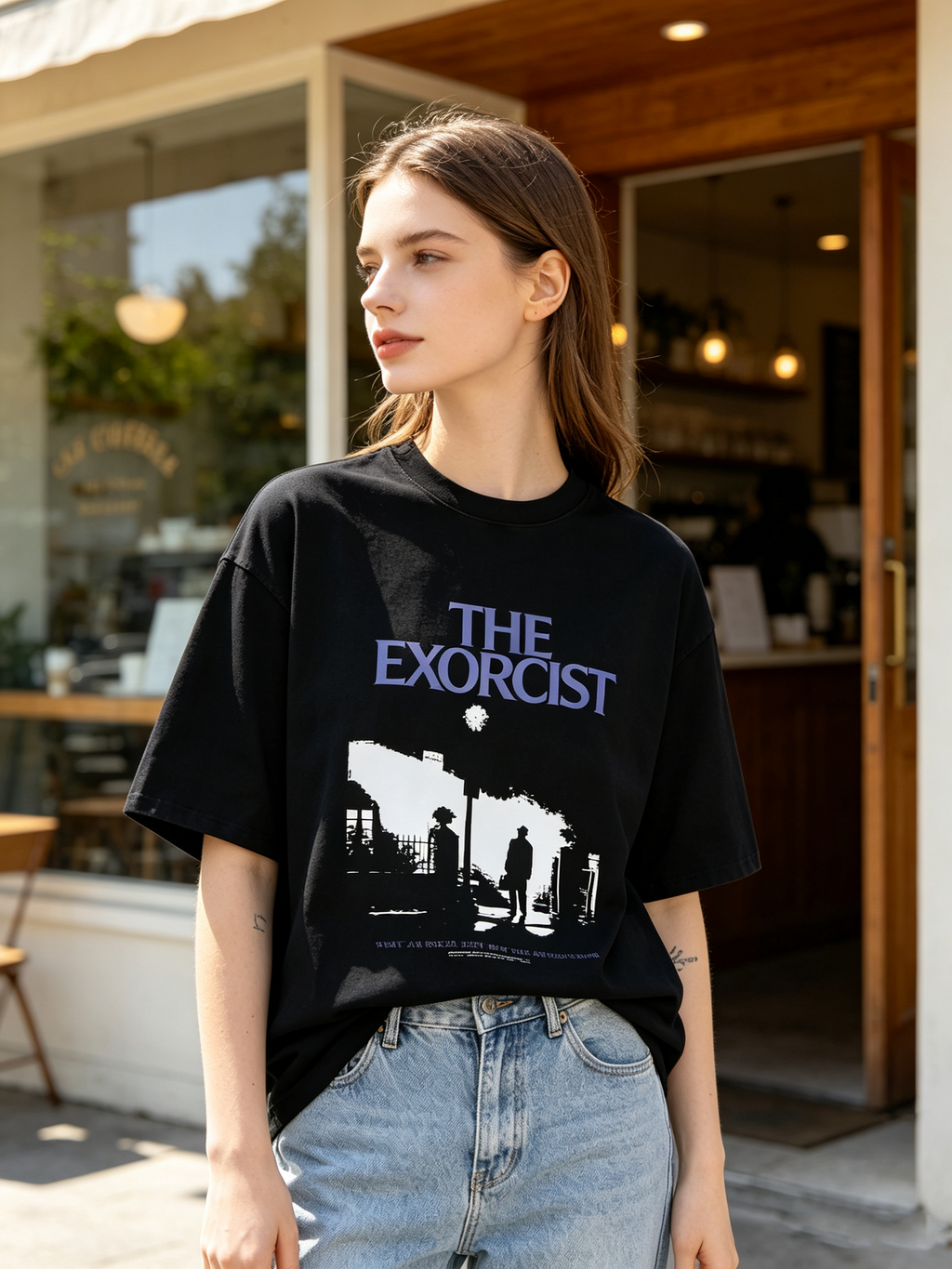 "The Exorcist" Retro Movie Silhouette Print Cotton Short-Sleeve T-Shirt – Women's Loose-Fit Dark Horror-Style Top