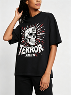 Oversized Women's Short-Sleeve Cotton T-Shirt with Skull & Radioactive Symbol Print – Dark Punk/Hip-Hop Style