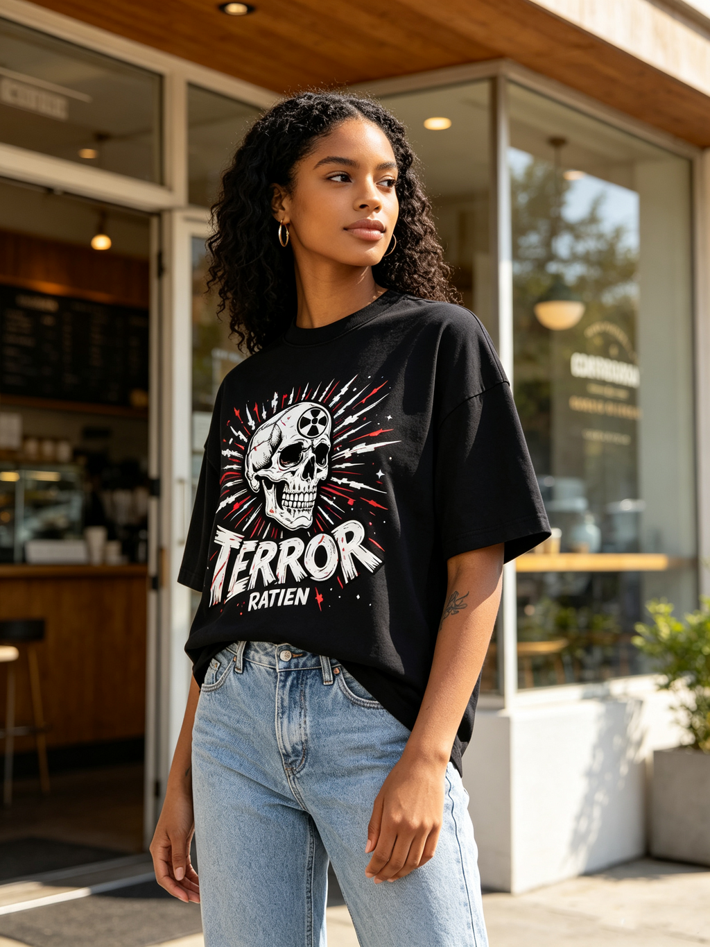 Oversized Women's Short-Sleeve Cotton T-Shirt with Skull & Radioactive Symbol Print – Dark Punk/Hip-Hop Style