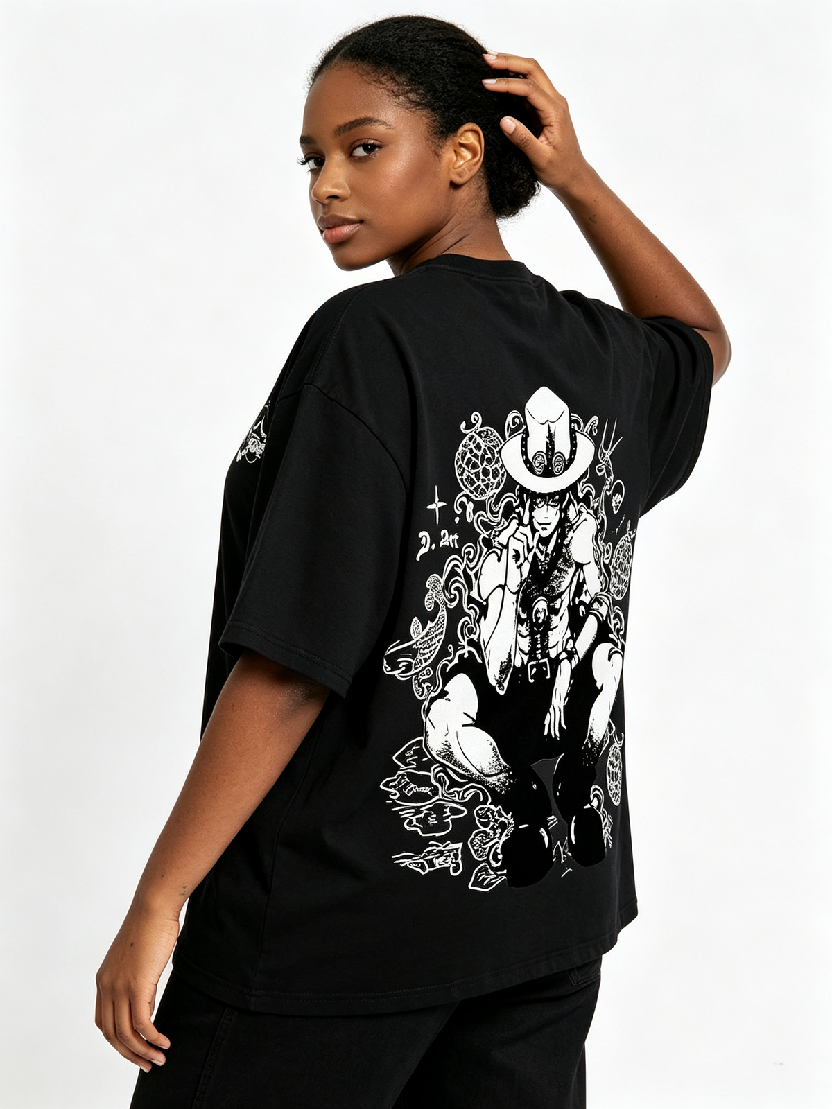 One Piece Ace Double-Sided Print Cotton Short-Sleeve T-Shirt – Women's Trendy Oversized Drop-Shoulder Top (Vintage Distressed Anime Style)