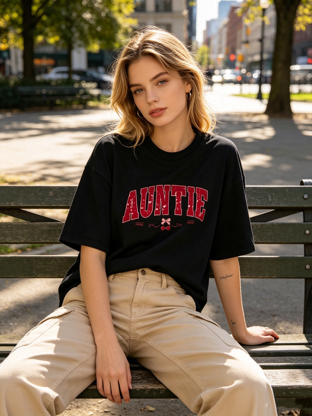 AUNTIE Bow & Letter Print Pure Cotton Short-Sleeve Tee – American Vintage-Style Distressed Washed Loose-Fit "Auntie" Graphic T-Shirt