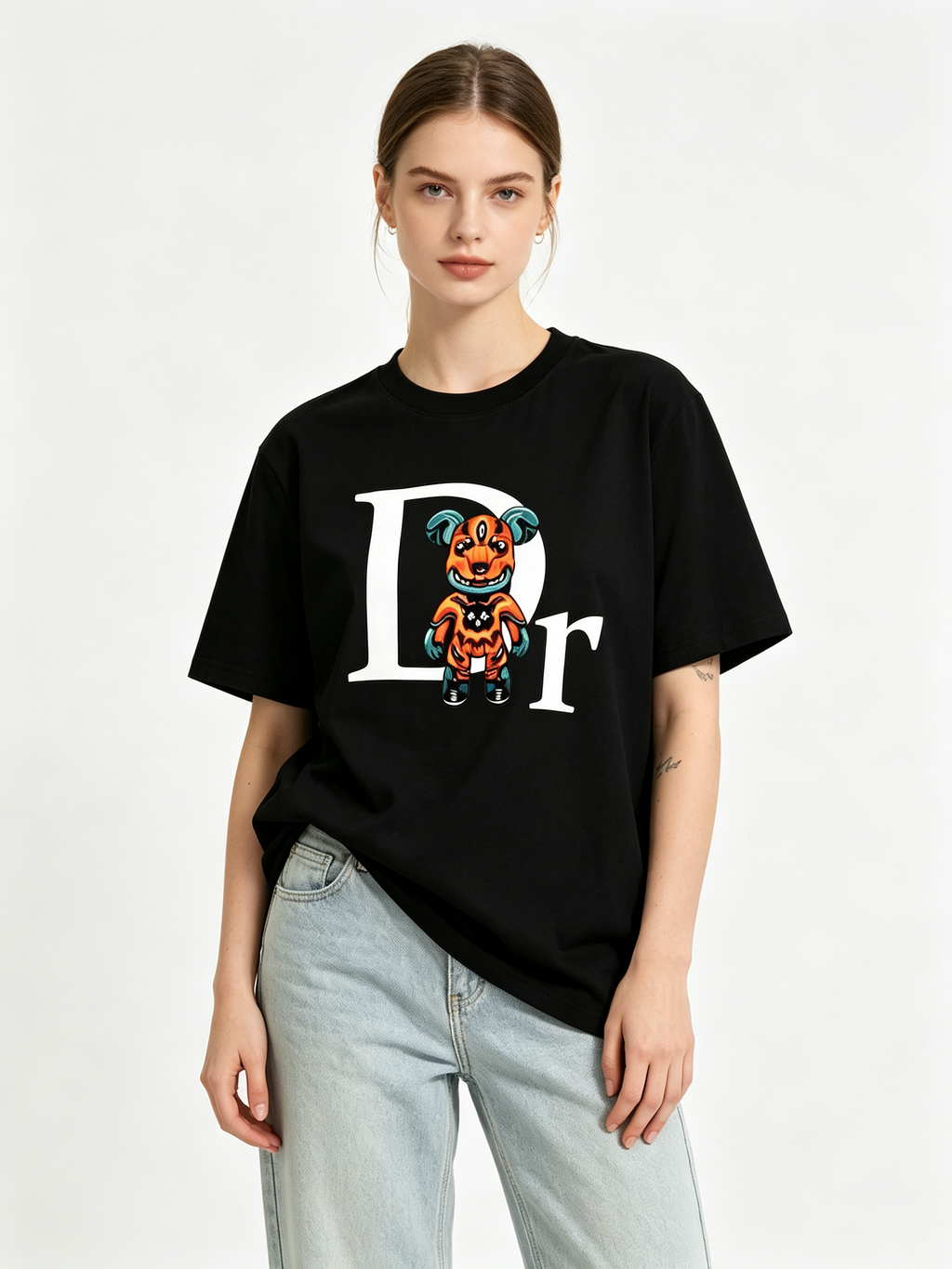 Trendy Monster Letter-Print Pure Cotton Short-Sleeve T-Shirt – Street-Style Hip-Hop Casual Top for Women