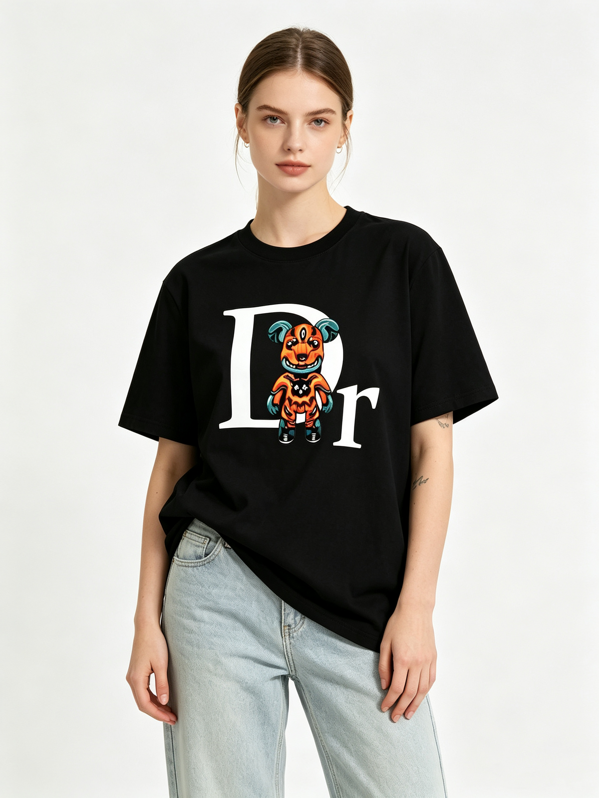 Trendy Monster Letter-Print Pure Cotton Short-Sleeve T-Shirt – Street-Style Hip-Hop Casual Top for Women
