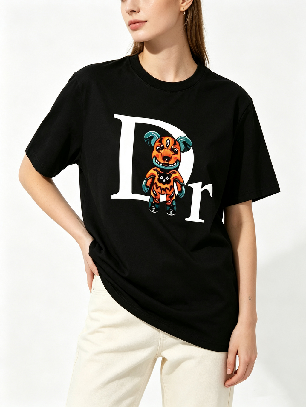 Trendy Monster Letter-Print Pure Cotton Short-Sleeve T-Shirt – Street-Style Hip-Hop Casual Top for Women