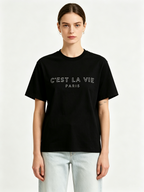 "C'EST LA VIE" French-Letter Pure Cotton Women's Short-Sleeve T-Shirt – A Minimalist, Sophisticated, and Loose-Fit Basic Tee