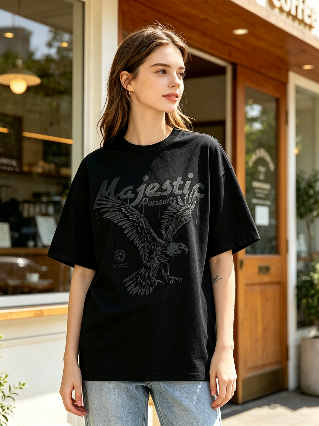 "Majestic" Eagle Print Cotton Short-Sleeve T-Shirt – Unisex Oversized High-Street Retro Style