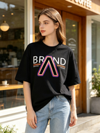 Women's Retro American-Style Rainbow Letter "A" Print Cotton Short-Sleeve T-Shirt – Trendy Loose-Fit Cropped Crew Neck