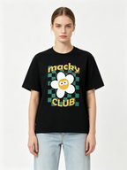 Macky Club Women's Pure Cotton Short-Sleeve T-Shirt – Fun Floral Checkerboard & Cartoon Print, Loose Casual Fit