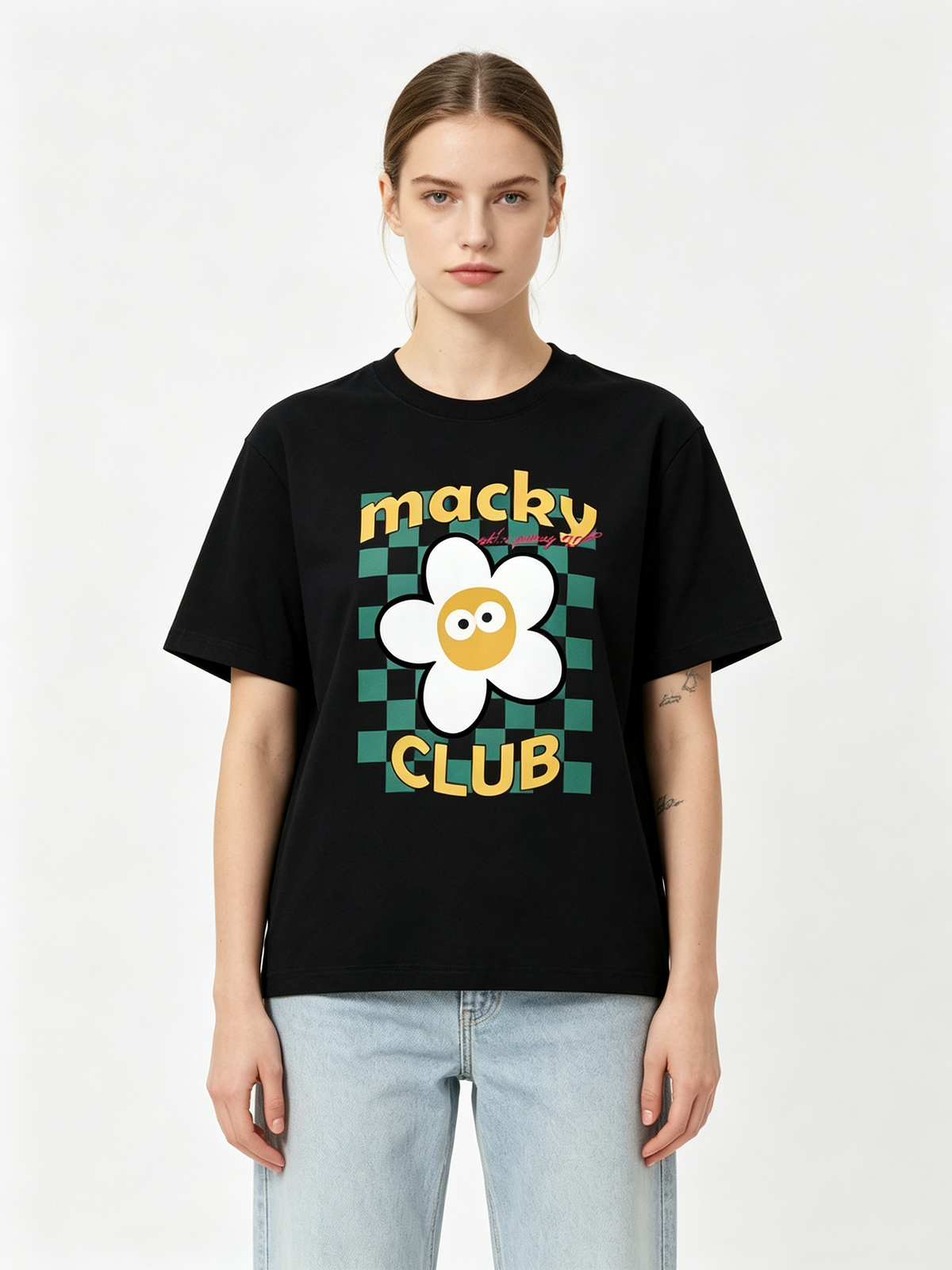 Macky Club Women's Pure Cotton Short-Sleeve T-Shirt – Fun Floral Checkerboard & Cartoon Print, Loose Casual Fit