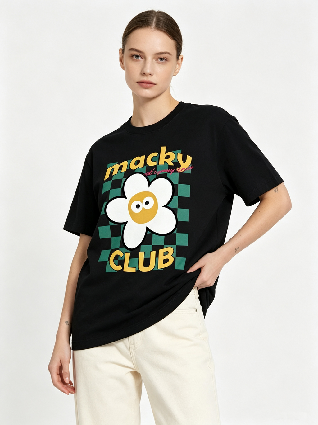 Macky Club Women's Pure Cotton Short-Sleeve T-Shirt – Fun Floral Checkerboard & Cartoon Print, Loose Casual Fit