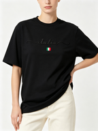 Women's "Italia" Cotton Short-Sleeve T-Shirt – Black Crew Neck with Handwritten Flag-Style Lettering (Minimalist & Casual)