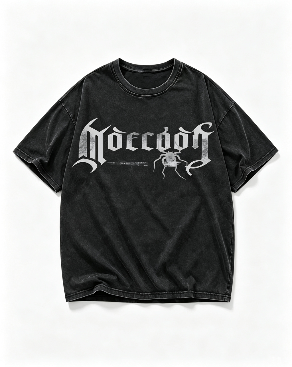 Women's Vintage Washed Dark Gothic Spider-Print Cotton Short-Sleeve T-Shirt (Loose Fit, Drop-Shoulder, Crew Neck)