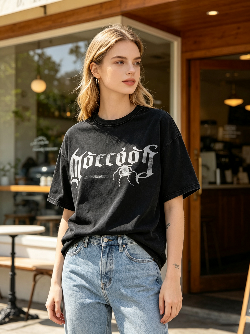Women's Vintage Washed Dark Gothic Spider-Print Cotton Short-Sleeve T-Shirt (Loose Fit, Drop-Shoulder, Crew Neck)