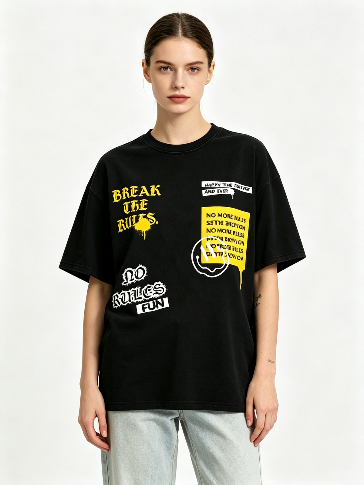 "BREAK THE RULES" Graphic Print Women's 100% Cotton T-Shirt – American-Style Distressed Black Streetwear Short-Sleeve Top