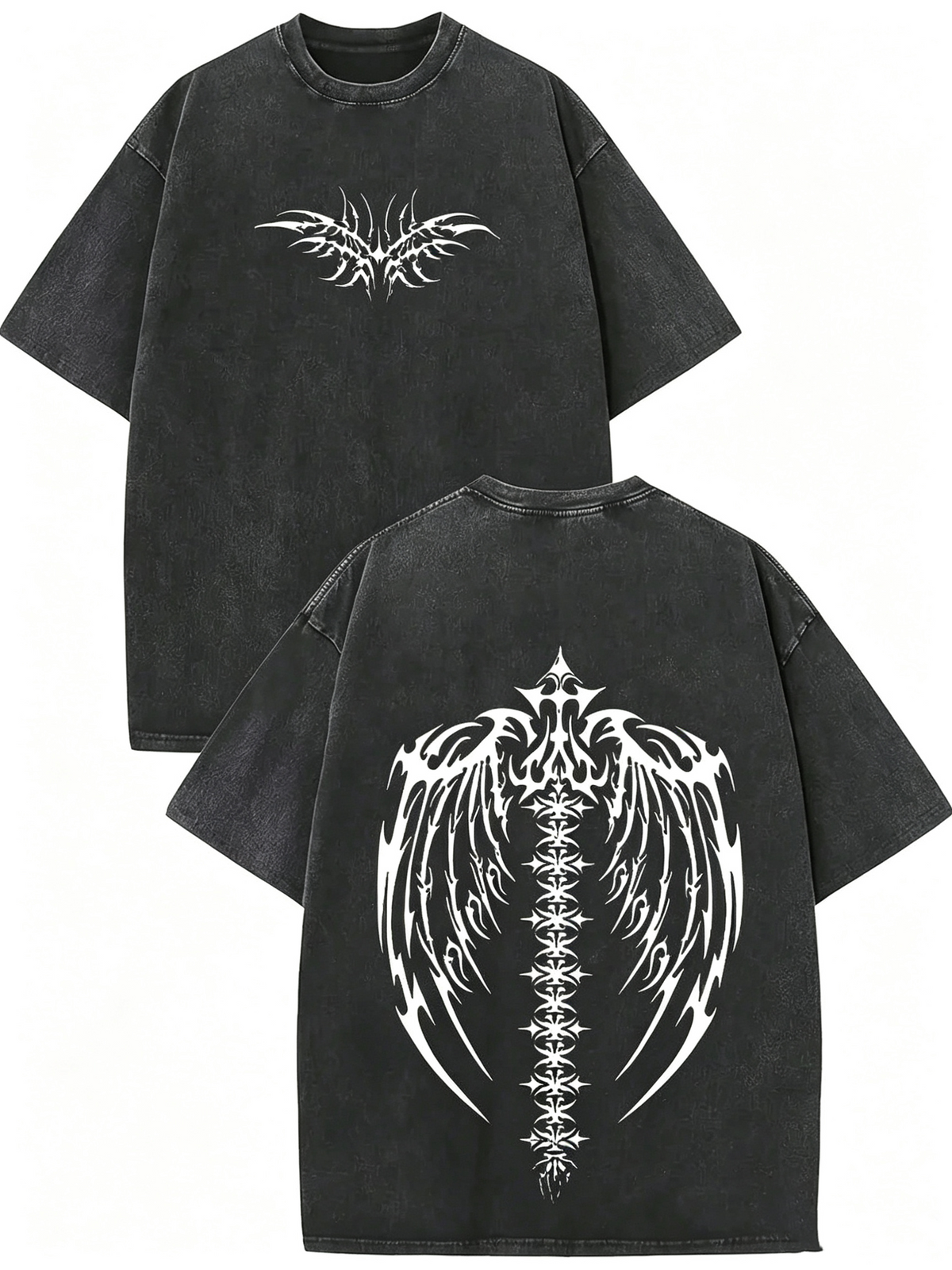 Women's American-style vintage-wash short-sleeve T-shirt; loose, oversized fit featuring dark-style wing totem prints on both the front and back.