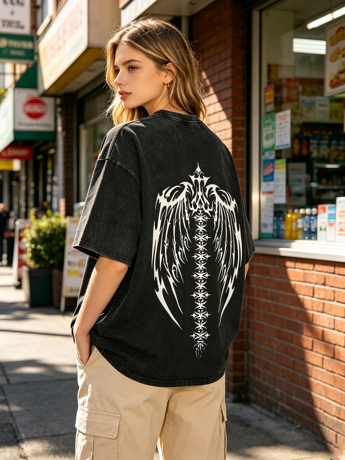 Women's American-style vintage-wash short-sleeve T-shirt; loose, oversized fit featuring dark-style wing totem prints on both the front and back.
