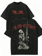 Women's American-style vintage-wash short-sleeve T-shirt; loose, oversized fit featuring a double-sided print of a skull holding a gun.