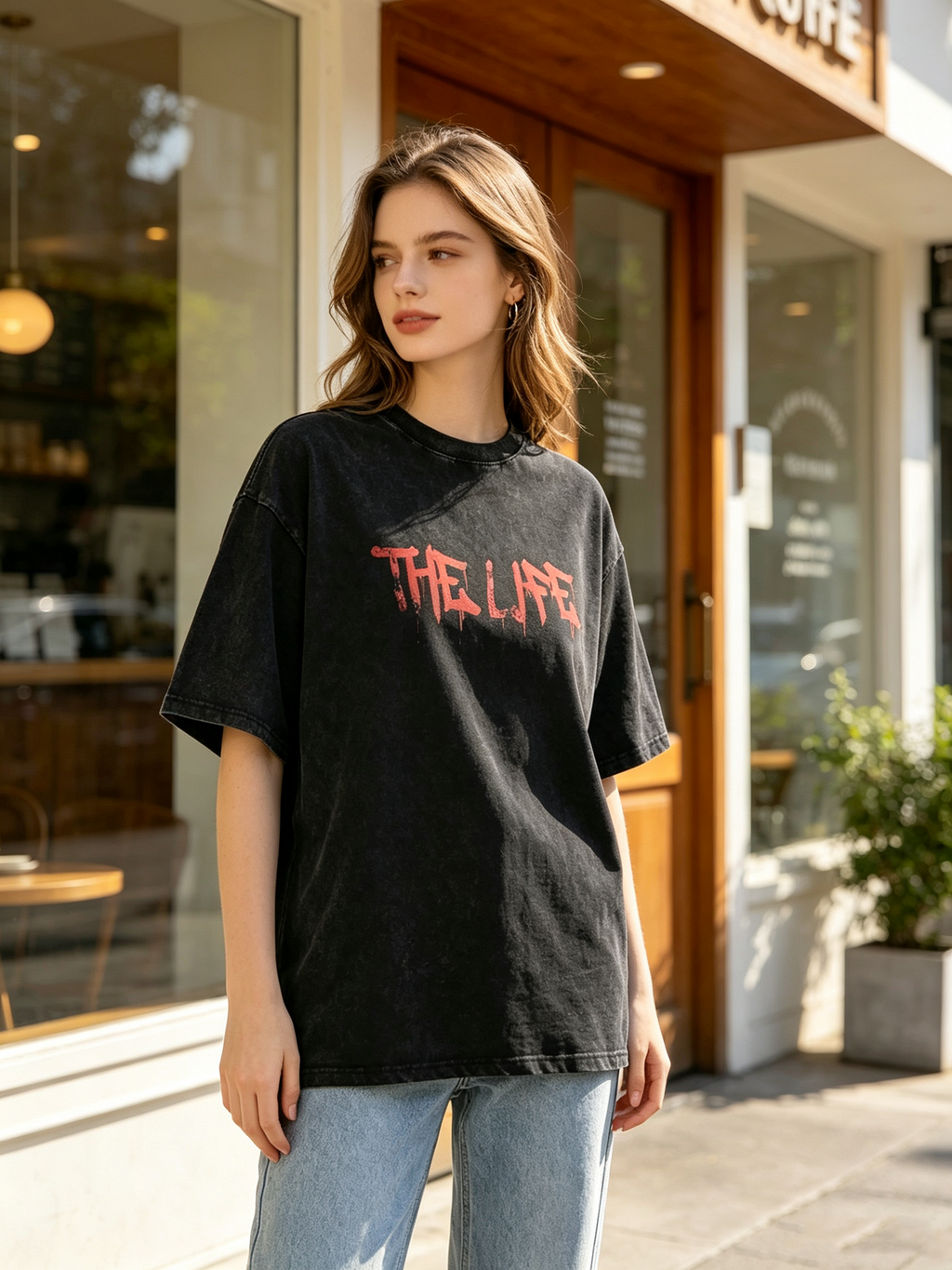 Women's American-style vintage-wash short-sleeve T-shirt; loose, oversized fit featuring a double-sided print of a skull holding a gun.