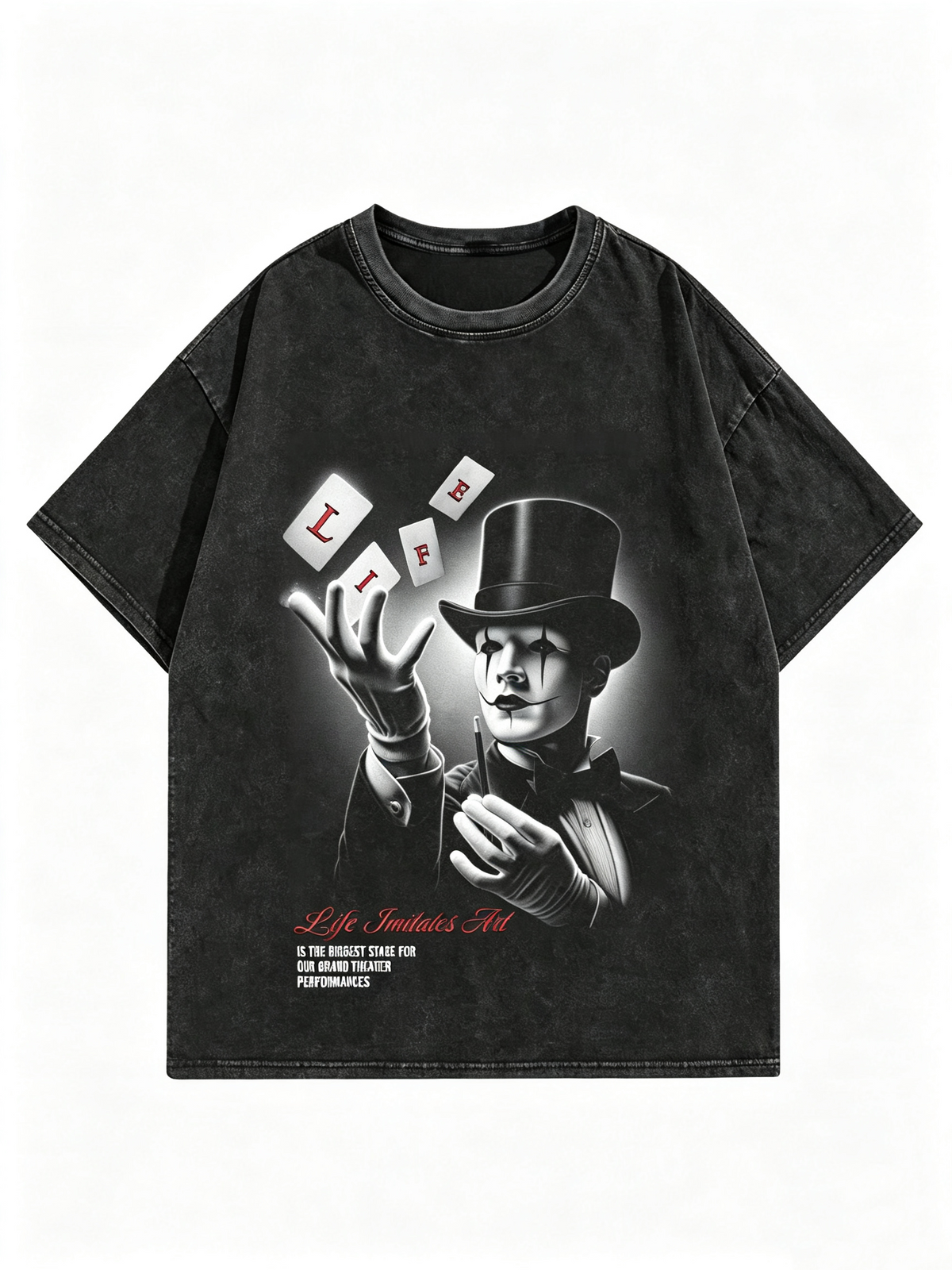 Women's Dark Vintage Stone-Washed Short-Sleeve T-Shirt – High-Street Drop-Shoulder Casual Tee with Circus Clown Graphic Print