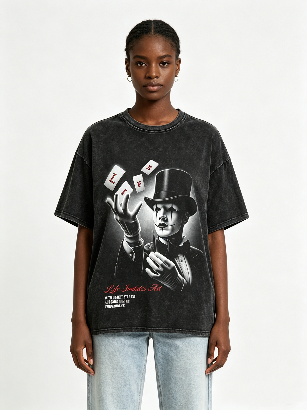 Women's Dark Vintage Stone-Washed Short-Sleeve T-Shirt – High-Street Drop-Shoulder Casual Tee with Circus Clown Graphic Print