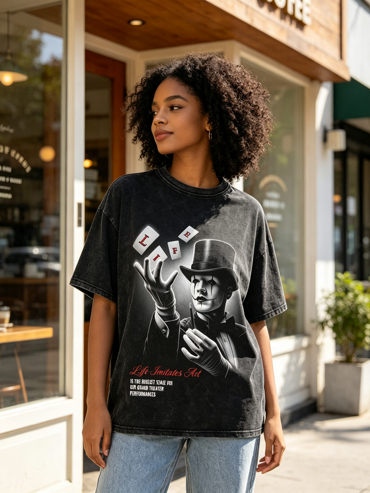 Women's Dark Vintage Stone-Washed Short-Sleeve T-Shirt – High-Street Drop-Shoulder Casual Tee with Circus Clown Graphic Print