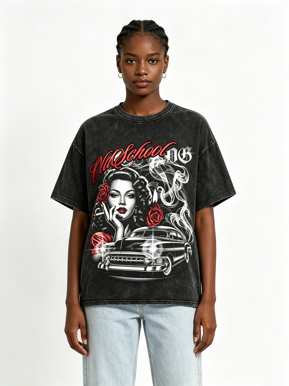 Women's American-style washed, distressed short-sleeve T-shirt featuring an "Old School" vintage pin-up girl, classic car, and rose print; loose, oversized fit.
