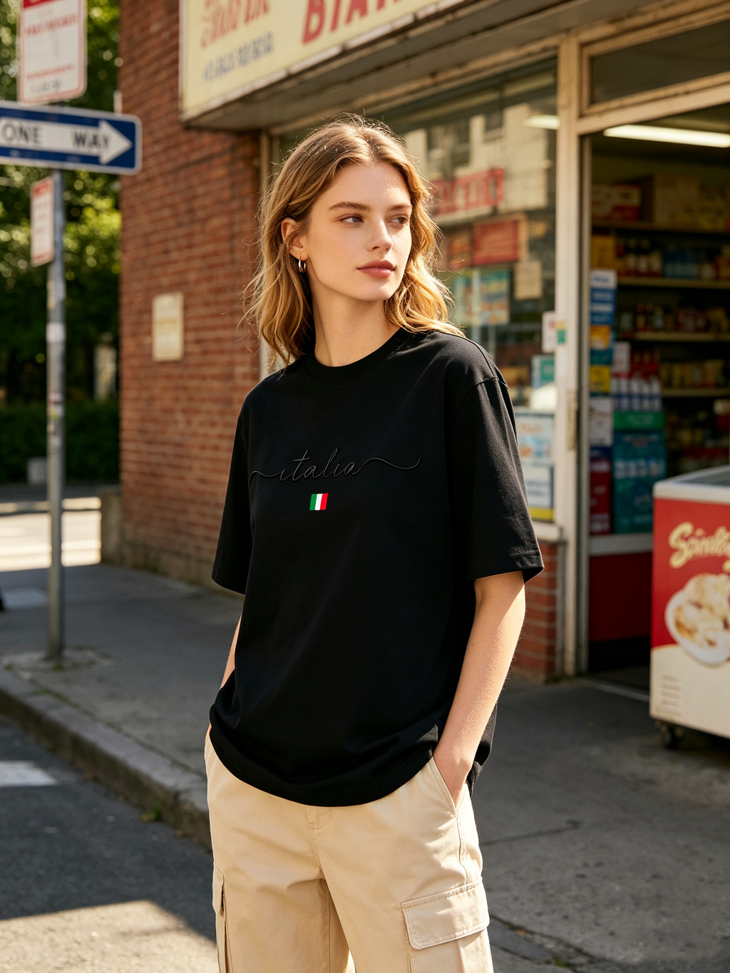 Women's "Italia" Cotton Short-Sleeve T-Shirt – Black Crew Neck with Handwritten Flag-Style Lettering (Minimalist & Casual)
