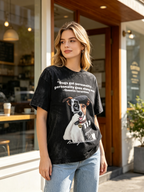 Women's American-style vintage-wash short-sleeve T-shirt featuring a playful print of a dog with a film slate—loose, oversized fit.