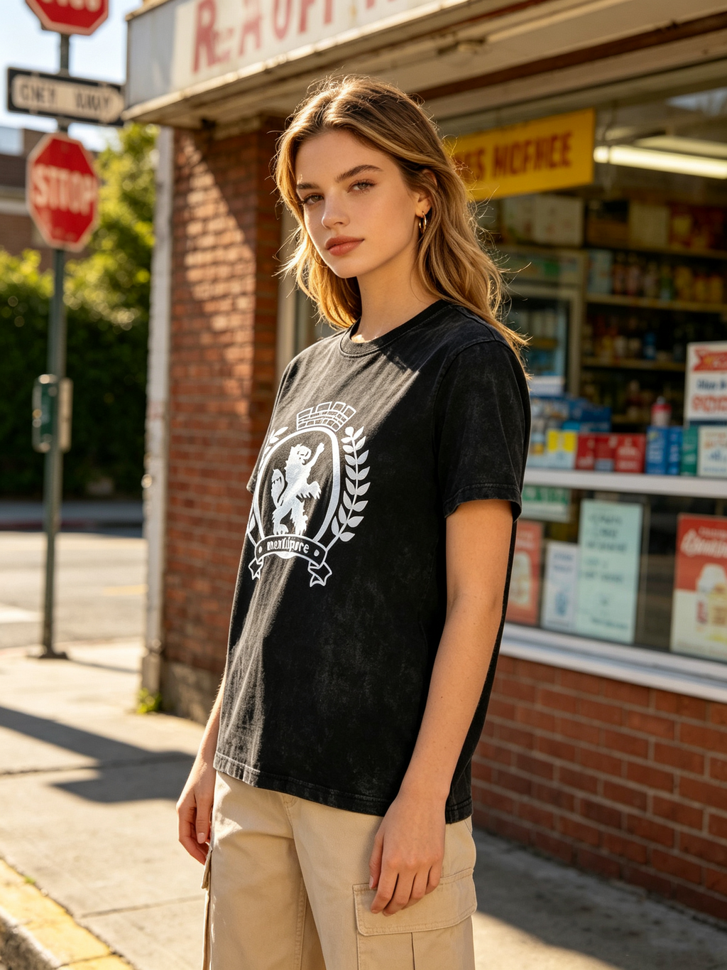 Women's American-style vintage-wash short-sleeve T-shirt; loose, oversized fit featuring a graphic print of a lion, crown, and wheat-ear emblem.