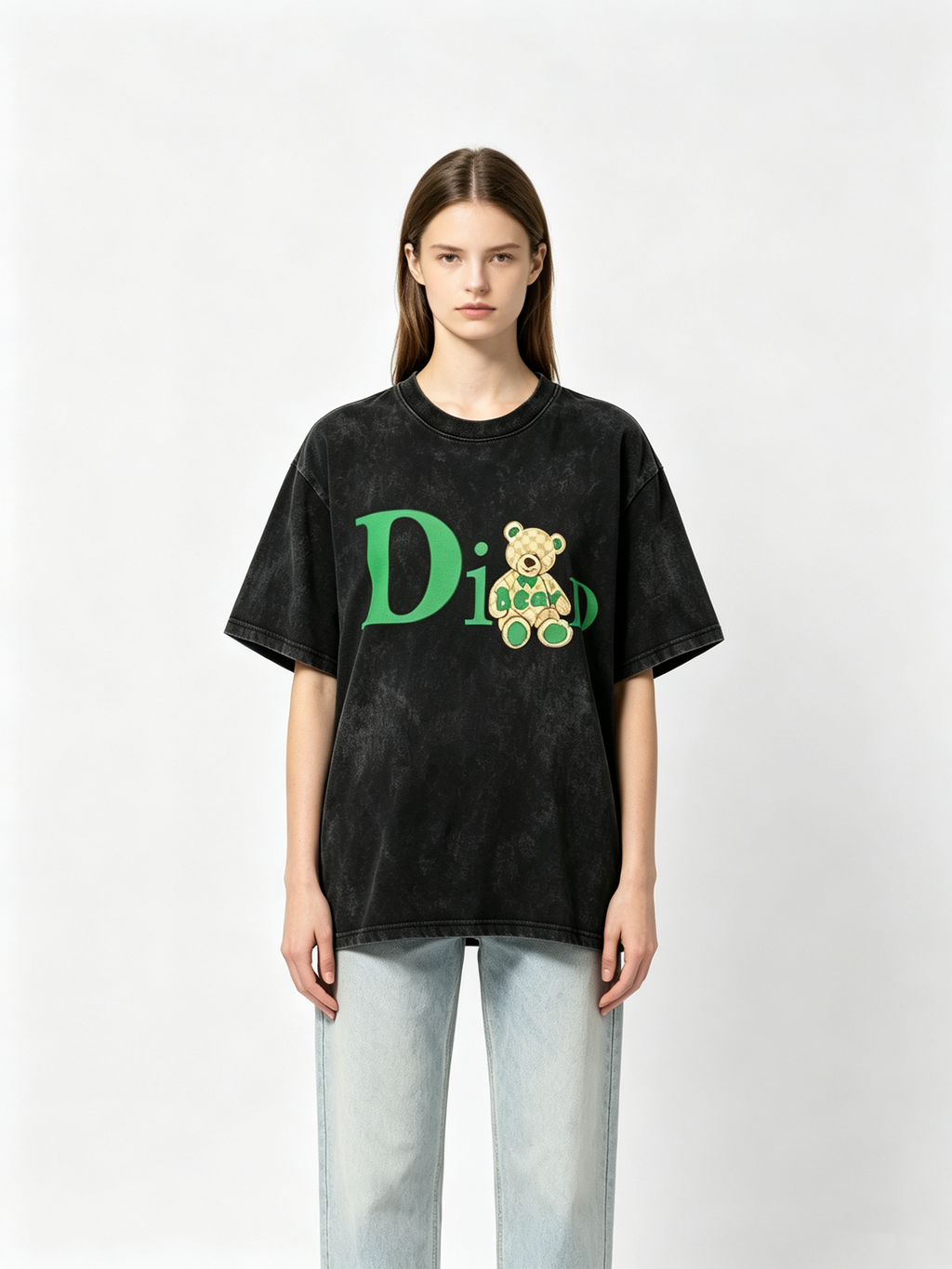 Women's Washed-Finish Black T-Shirt – Pure Cotton Short-Sleeve Top with Cute Bear & Letter Print – American Retro Loose-Fit Trendy Style