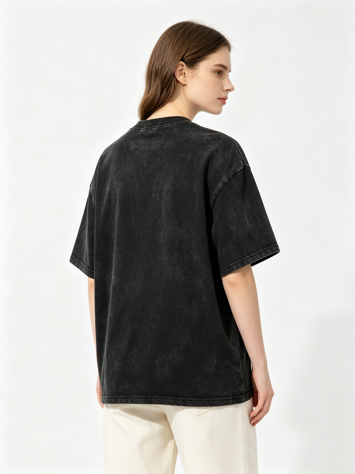 Women's Washed-Finish Black T-Shirt – Pure Cotton Short-Sleeve Top with Cute Bear & Letter Print – American Retro Loose-Fit Trendy Style