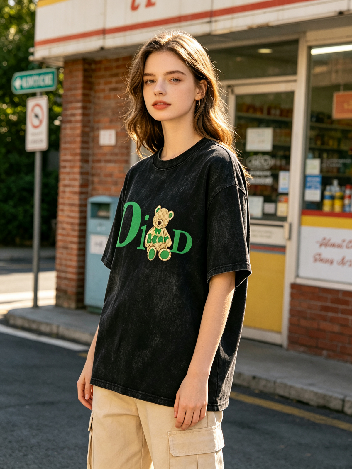Women's Washed-Finish Black T-Shirt – Pure Cotton Short-Sleeve Top with Cute Bear & Letter Print – American Retro Loose-Fit Trendy Style