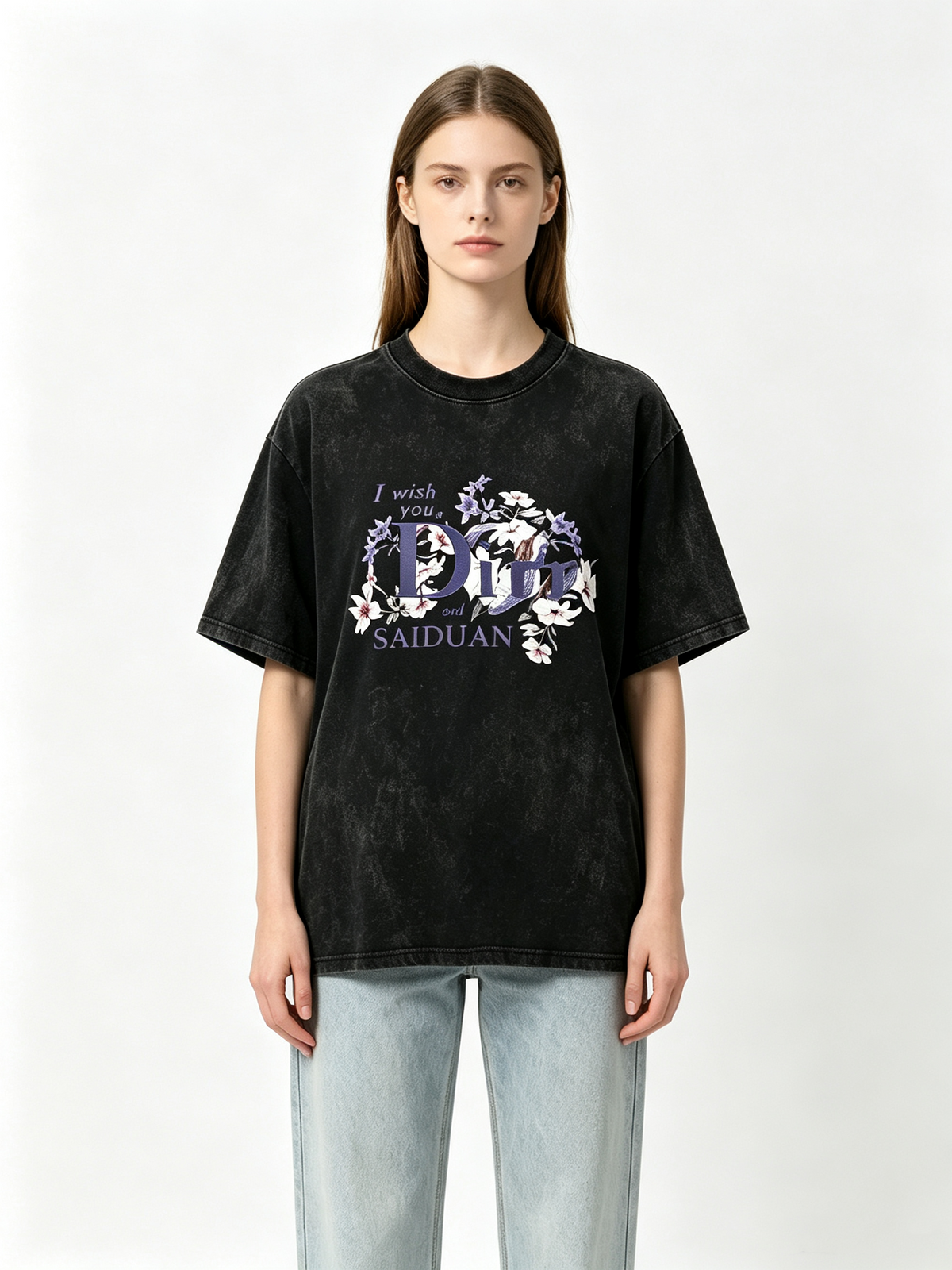 Women's Vintage-Wash Distressed Black T-Shirt – Loose Oversized Pure Cotton Short-Sleeve Top with Floral and English Lettering Print