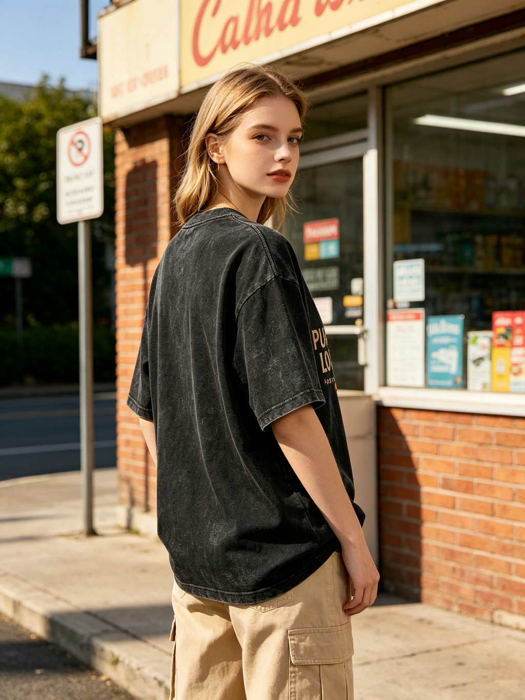 Women's American-style stone-washed distressed T-shirt; a vintage-inspired, casual washed tee featuring a trendy streetwear cartoon graphic.