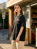 Women's American-style stone-washed distressed T-shirt featuring a cool, retro-casual design with a small rabbit chest graphic.
