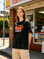 Women's American-style stone-washed distressed short-sleeve T-shirt featuring a Y2K retro streetwear aesthetic and 3D-effect lettering.