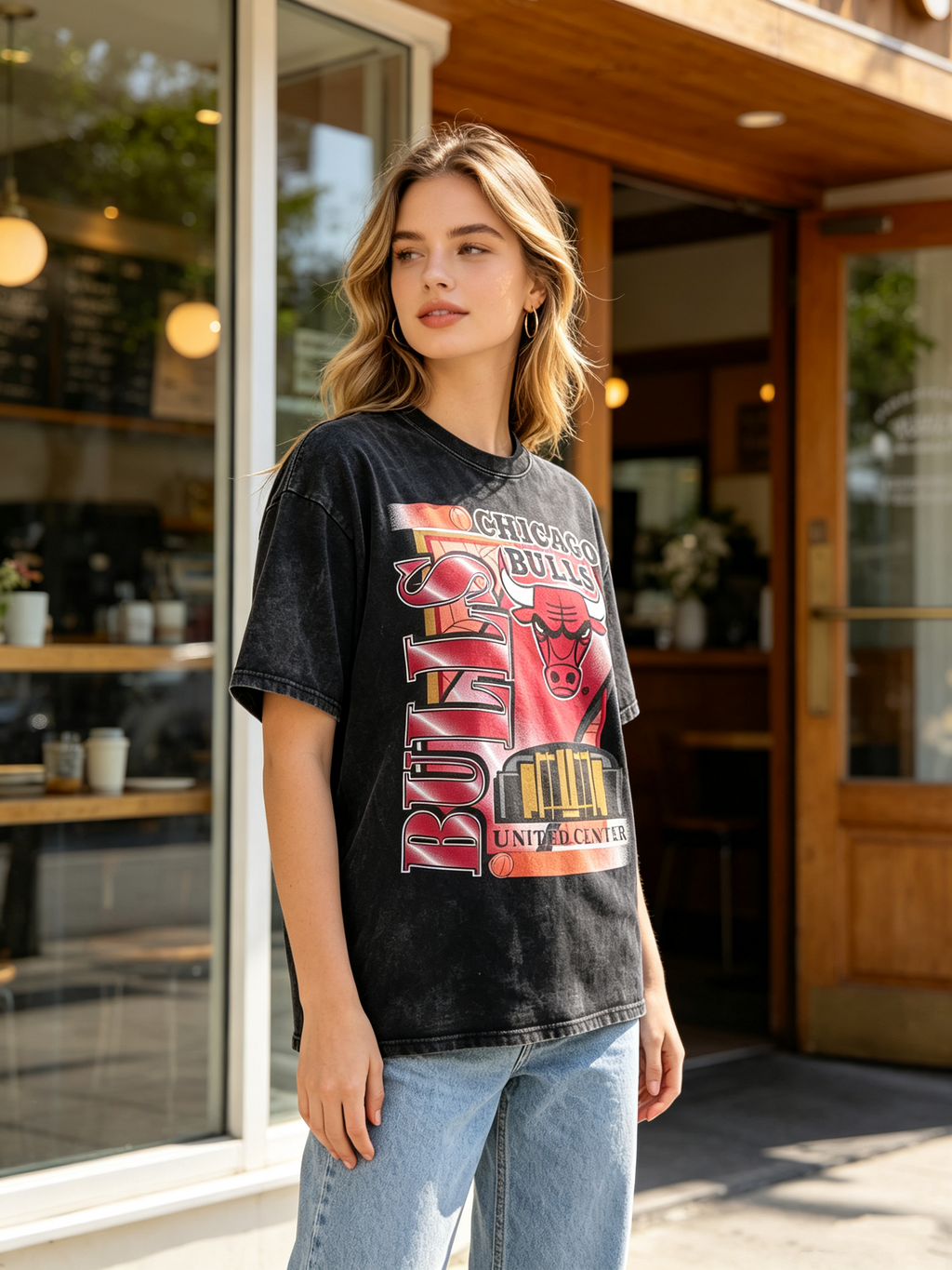 Women's Washed Black Vintage-Style T-Shirt – Chicago Bulls Oversized Cotton Short-Sleeve Tee with Large Retro Basketball Graphic