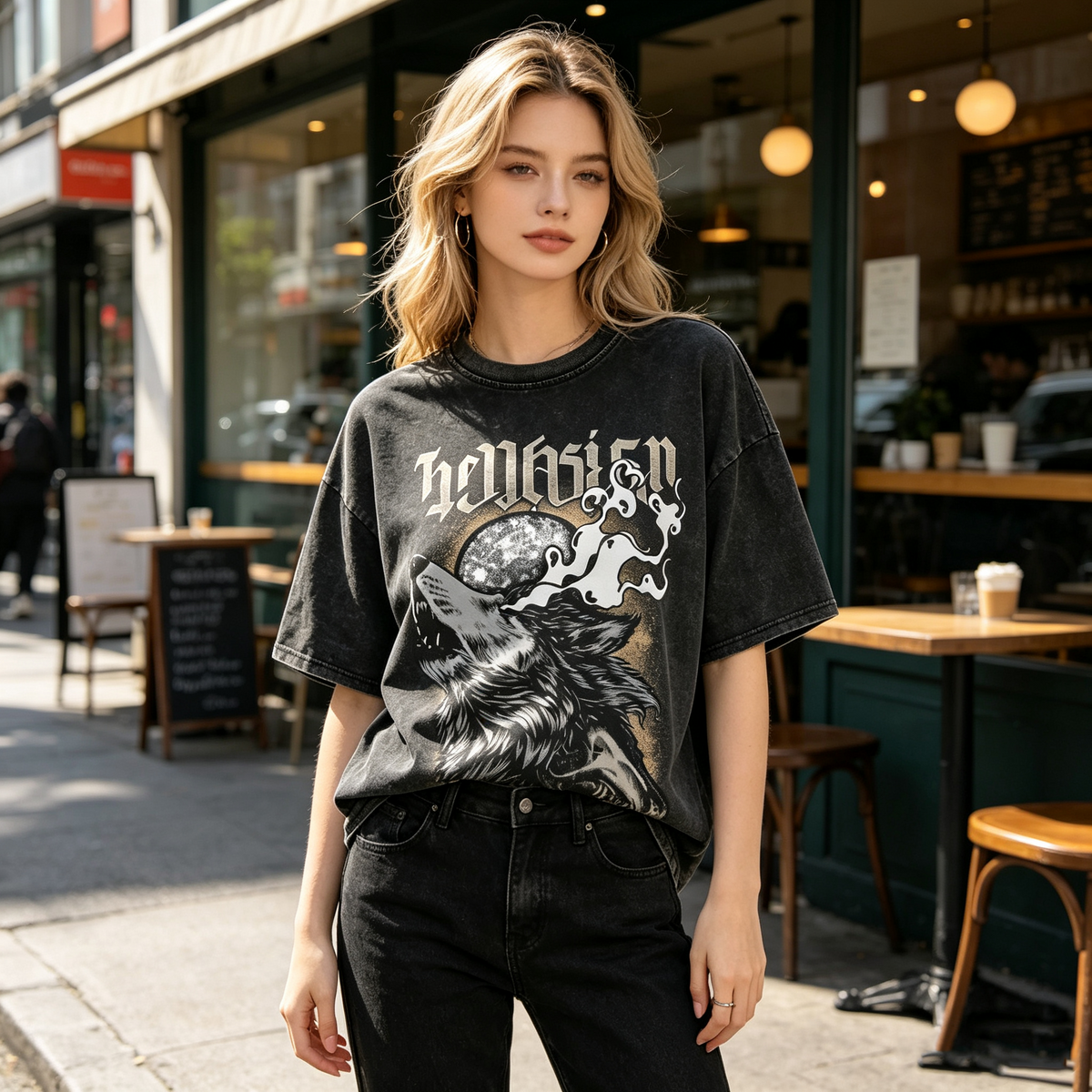 Women's Vintage Washed & Distressed Wolf Howl Print Short-Sleeve T-Shirt – American High-Street Dark Aesthetic Loose Casual Style