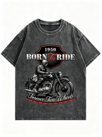 Women's Vintage-Style Washed & Distressed Biker Graphic Short-Sleeve T-Shirt – Cool, Edgy, Loose-Fit Drop-Shoulder Tee