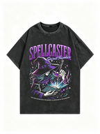 Women's Acid-Wash Distressed Witch/Magic Print Short-Sleeve T-Shirt – Loose-Fit Drop-Shoulder Dark Subculture Style