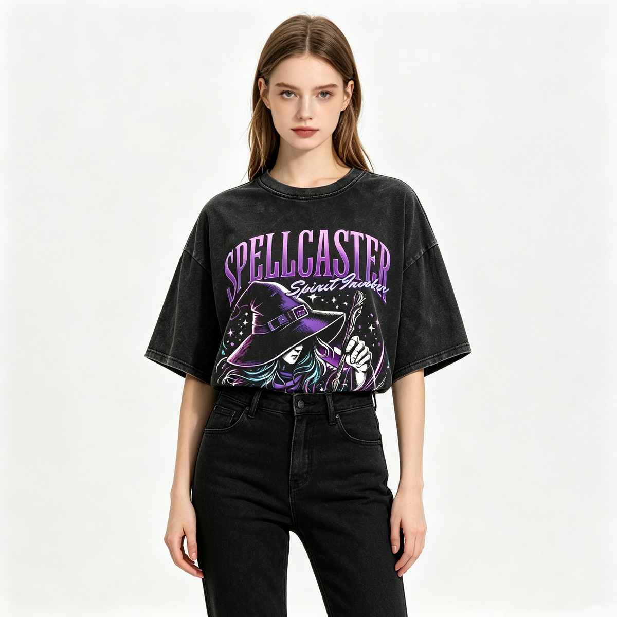 Women's Acid-Wash Distressed Witch/Magic Print Short-Sleeve T-Shirt – Loose-Fit Drop-Shoulder Dark Subculture Style